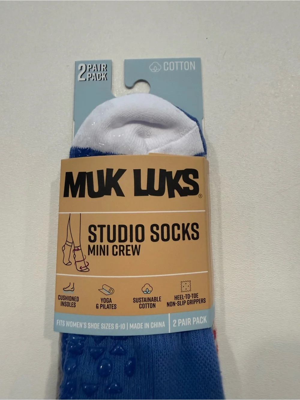 MUK LUKS Studio Socks Mini Crew 2-Pack Blue Cherry Non-Slip Yoga Pilates